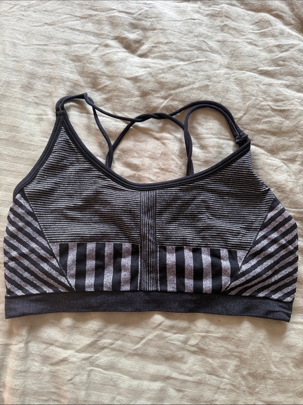Fabletics Striped Black & Gray Wireless Sports Bralette